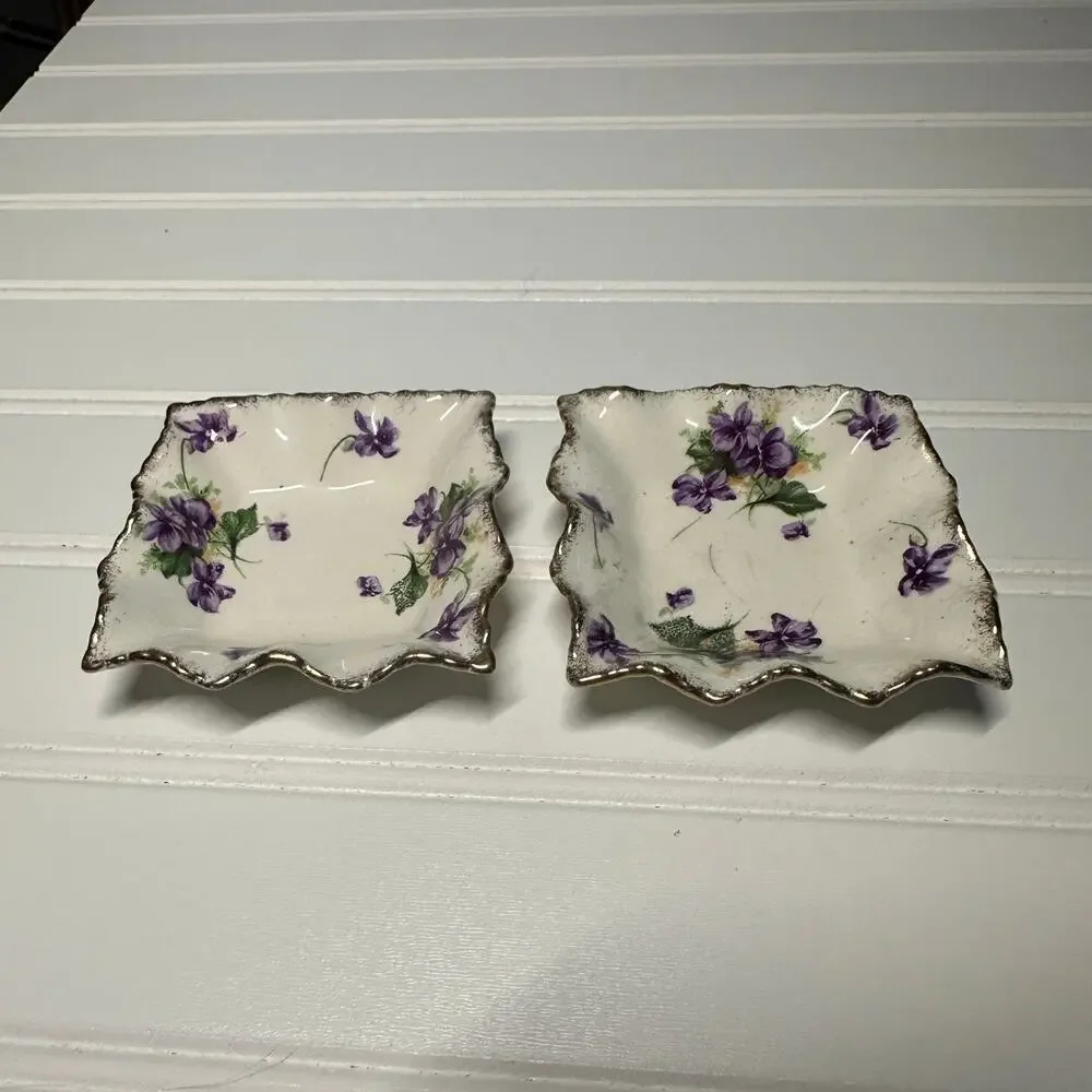 Two James Kent Longton #3090 Violet Trinket‎ Dishes with Ruffle Edges Gold Trim
